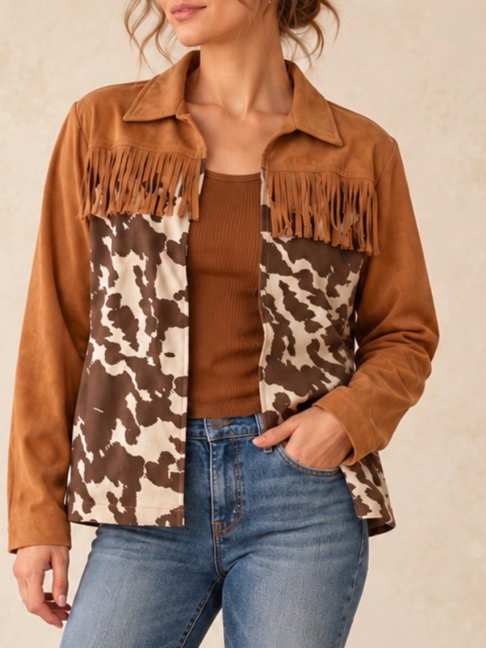 L&B by Larry Levine Western Cow Print Fringe Faux Suede Jacket M, EUC